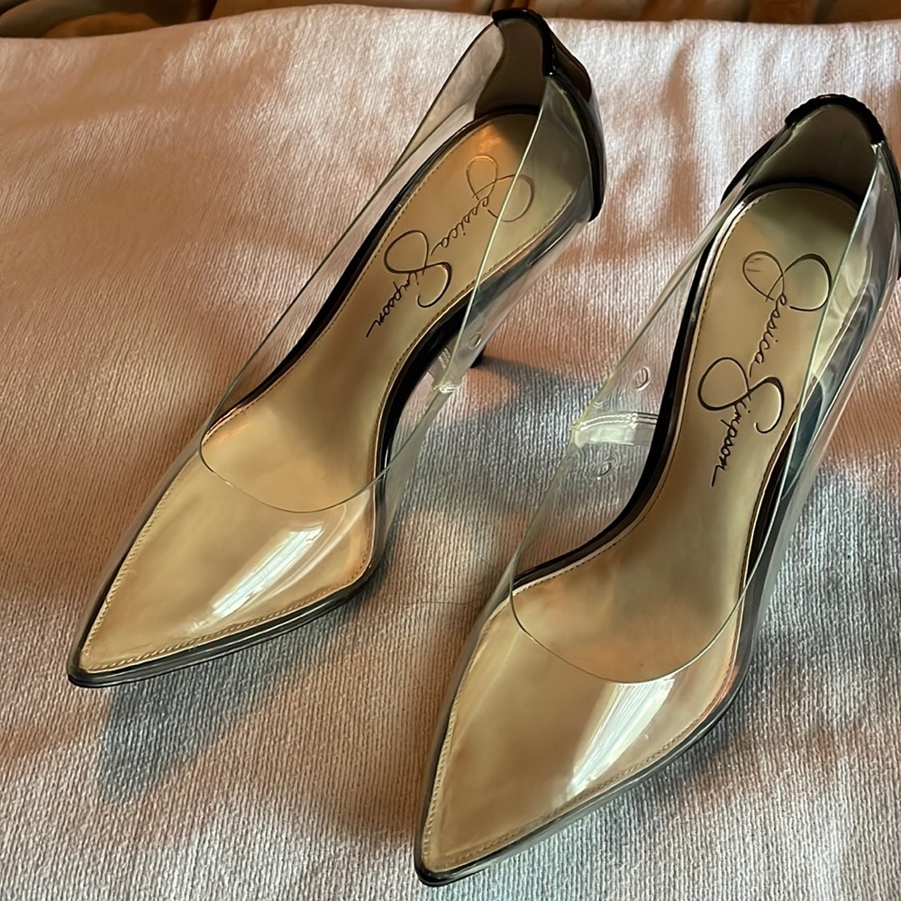 Jessica Simpson Clear Heels with Black trim size 7